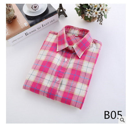 Online discount shop Australia - female new fashion long sleeve college style casual plaid shirts / women's pure cotton large yard slim sanded shirt