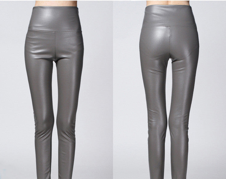 Online discount shop Australia - High Quality PU Leather Pants Women Winter female high waist elastic pu leather fleece stretch Slim women pencil pants