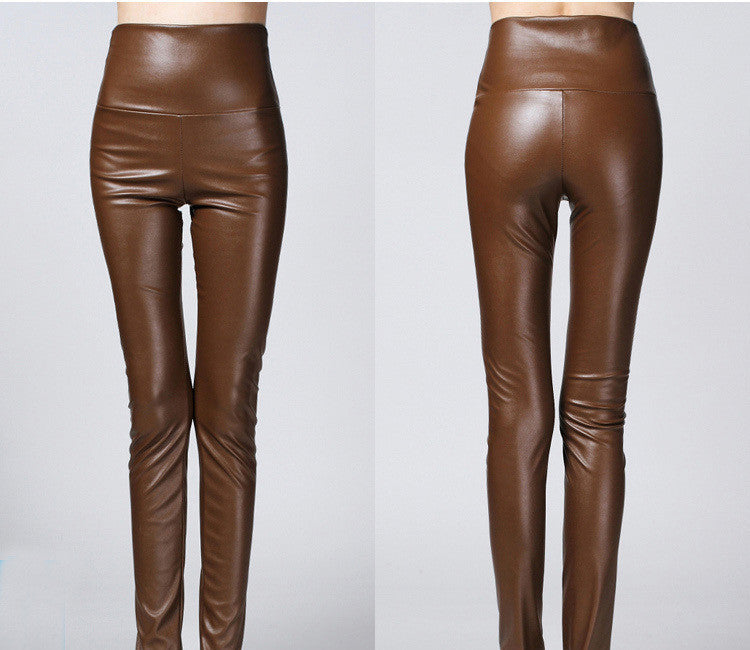 Online discount shop Australia - High Quality PU Leather Pants Women Winter female high waist elastic pu leather fleece stretch Slim women pencil pants