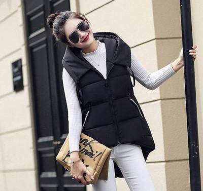 Short Front Long Back Women Vest Waistcoat Down Cotton Hooded Sleeveless Jacket Vest Female