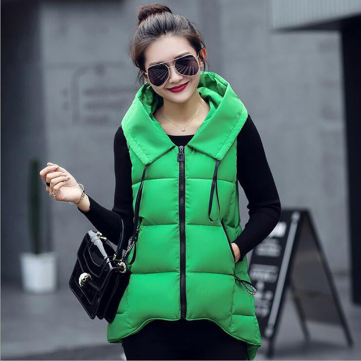 Short Front Long Back Women Vest Waistcoat Down Cotton Hooded Sleeveless Jacket Vest Female