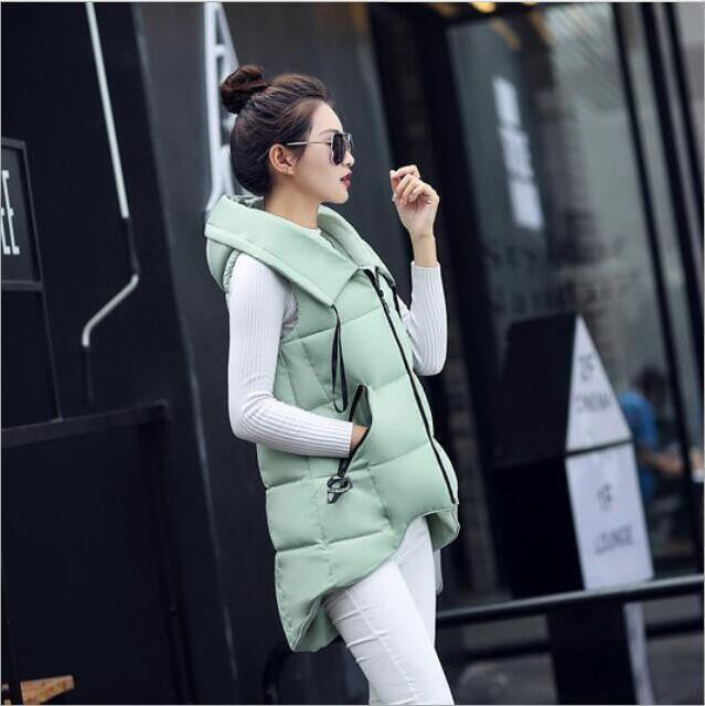 Short Front Long Back Women Vest Waistcoat Down Cotton Hooded Sleeveless Jacket Vest Female