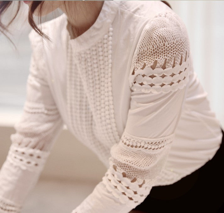 Online discount shop Australia - Fashion Elegant White Lace Crochet Hollow Out Blouse Women Cotton Blend Shirt Puff Sleeve Tops Bluse camisa feminina T57349