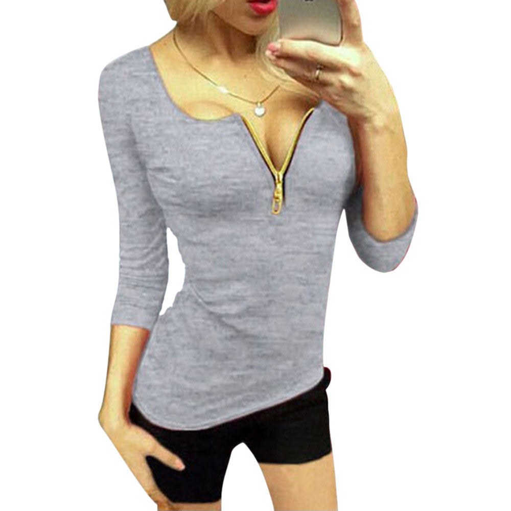 Online discount shop Australia - Fashion Women Sexy Bodycon Zipper Deep V-neck Casual Long Sleeve Blouse Clubwear Party Tops Shirts