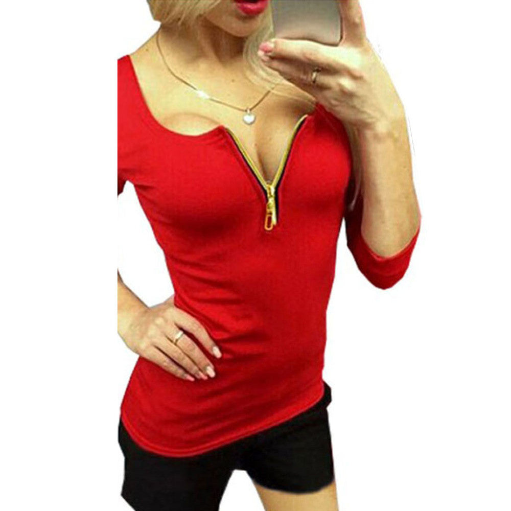 Online discount shop Australia - Fashion Women Sexy Bodycon Zipper Deep V-neck Casual Long Sleeve Blouse Clubwear Party Tops Shirts