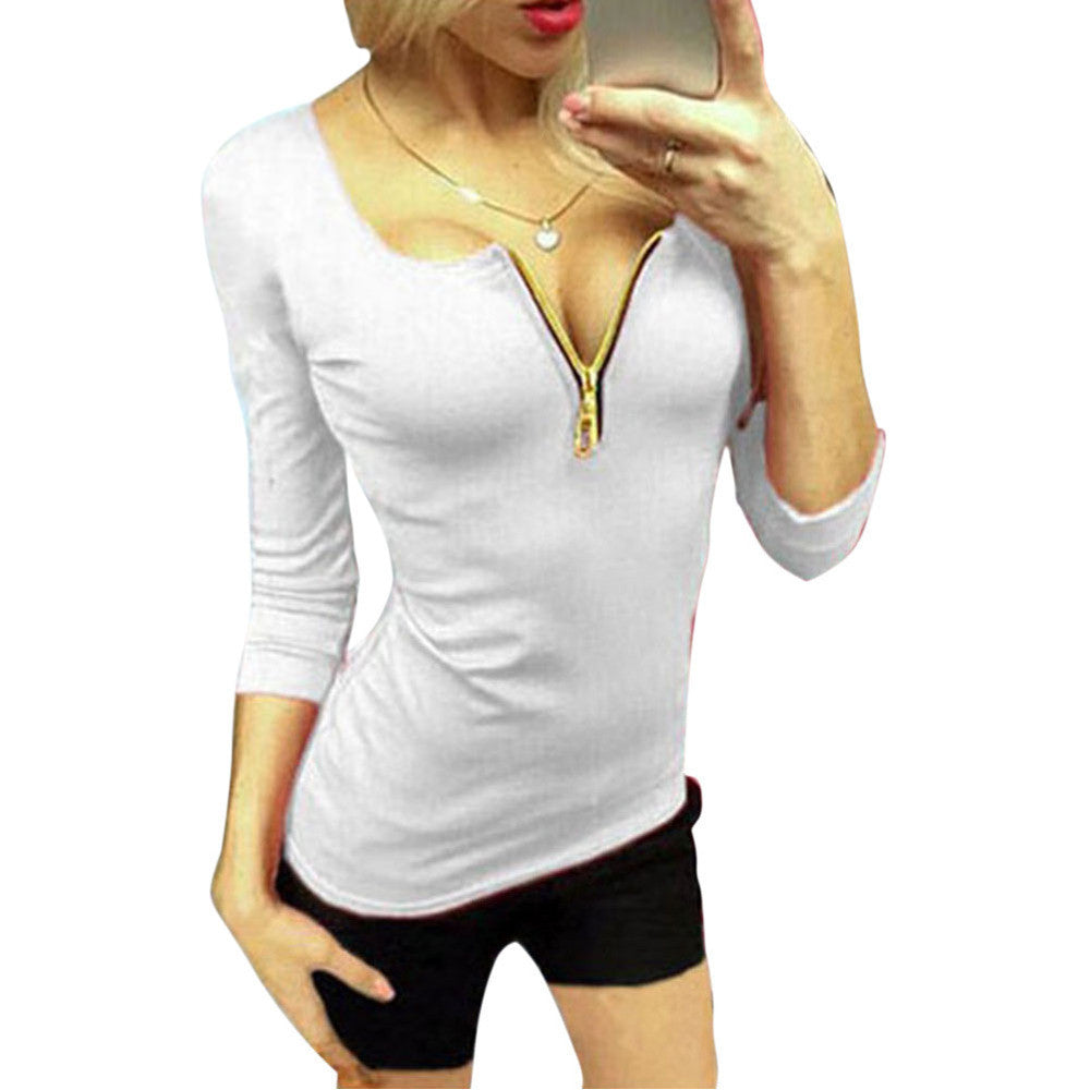 Online discount shop Australia - Fashion Women Sexy Bodycon Zipper Deep V-neck Casual Long Sleeve Blouse Clubwear Party Tops Shirts