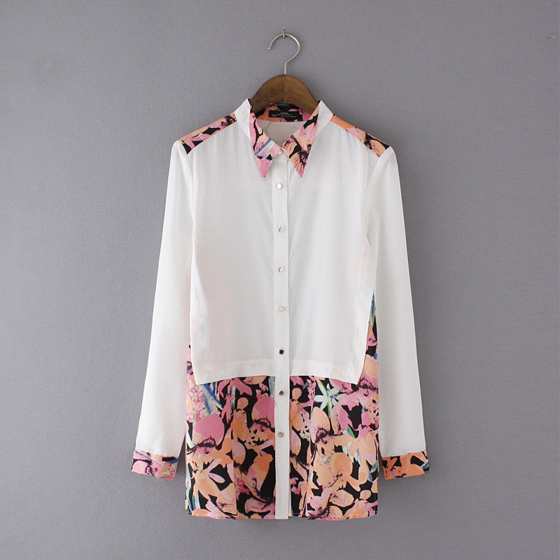 Floral Print Blouse Trendy Spliced Design Chiffon Shirt OL Long Sleeve Elegant Tops