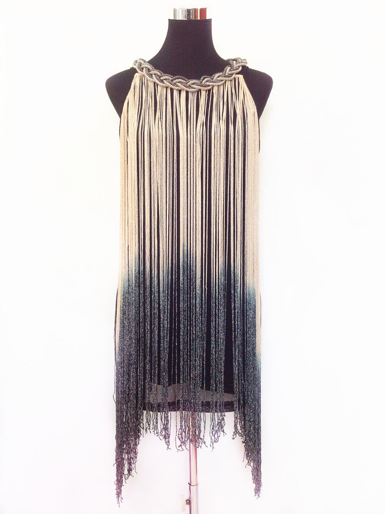 GREAT GATSBY OMBRE METAL HALTER-NECK BLACK FRINGE BEADED 1920S FLAPPER GREAT GATSBY OMBRE METAL HALTER-NECK BLACK FRINGE BEADED 1920S FLAPPER