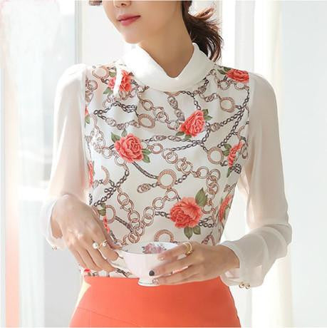 Women blouses plus size turn-down collar print white chiffon blouse long sleeve shirts for women