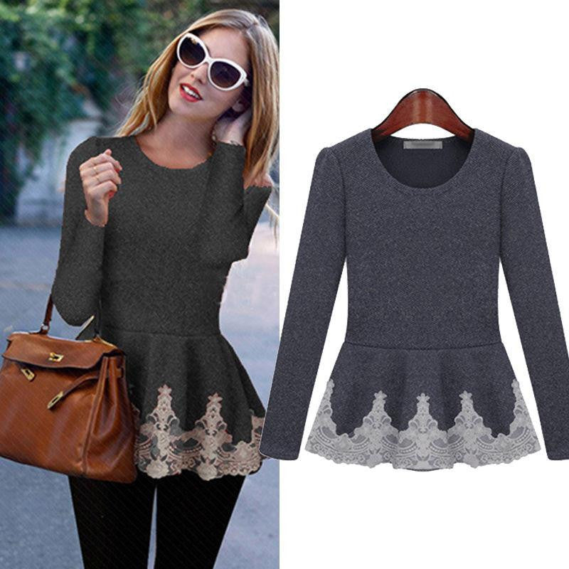 Womens Ladies Flared Stretchy Peplum Frill Top Slim Long Sleeve Blouse Shirt