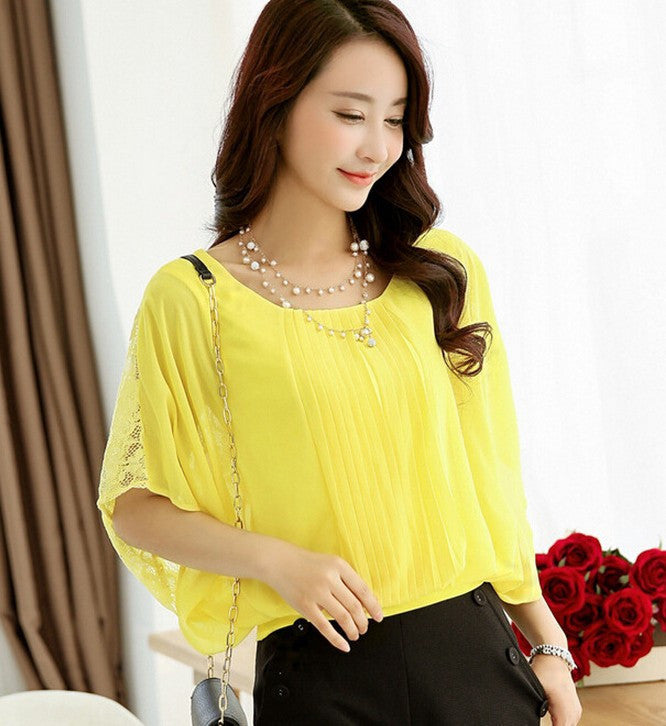 Women Fashion Short Batwing Sleeve O-Neck Chiffon Shirts Casual Lace Blouse Tops Plus Size 4XL