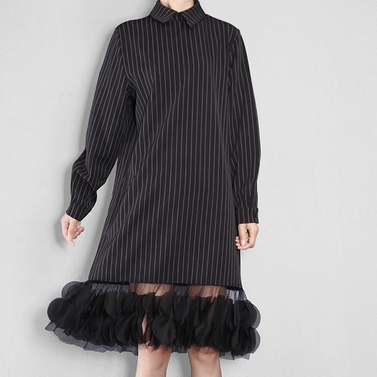 Spring Vertical Stripes Lapel Three-Dimensional Dress Stitching Yarn Women Apparel 4L0051