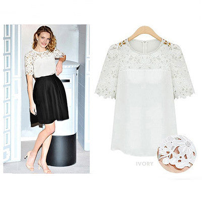 Online discount shop Australia - New  Round Neck Women Hollow Out Patchwork Lace Blouses com renda Short Sleeve Shirts moda Women Blouse