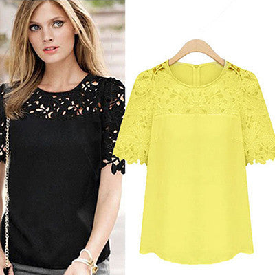 Online discount shop Australia - New  Round Neck Women Hollow Out Patchwork Lace Blouses com renda Short Sleeve Shirts moda Women Blouse