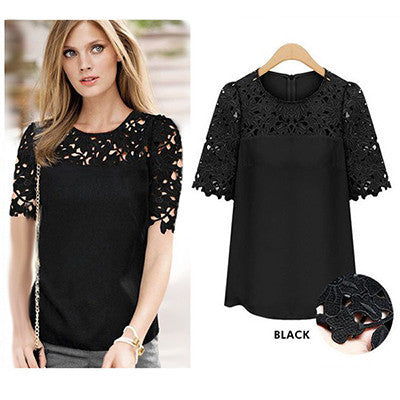 Online discount shop Australia - New  Round Neck Women Hollow Out Patchwork Lace Blouses com renda Short Sleeve Shirts moda Women Blouse