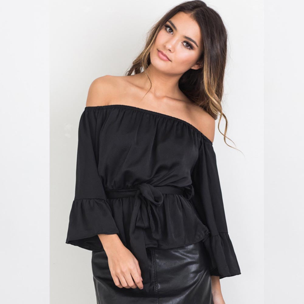 Online discount shop Australia - ForeFair trend ruffles sexy slash neck satin blouse long flare sleeve elegant belted silk women blouses plus size sexy tops