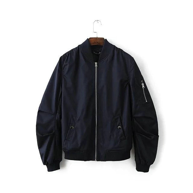 Online discount shop Australia - Mens Solid Flight Black Bomber Jacket Men's Rib Sleeve Zipper Short Air Force Baseball Coats Clothing