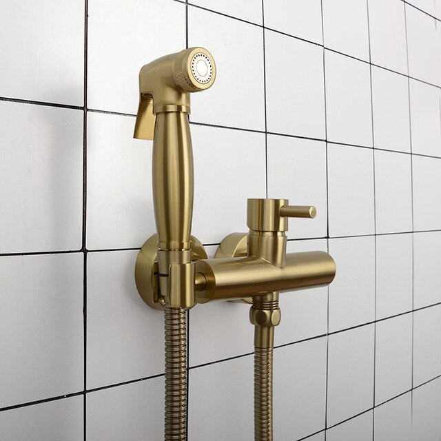 Hot & Cold Mixer Toilet Bidet Sprayer Kit. Black & Brushed Gold & Chrome Wall Mounted Bidet Faucet Brass Women Flusher