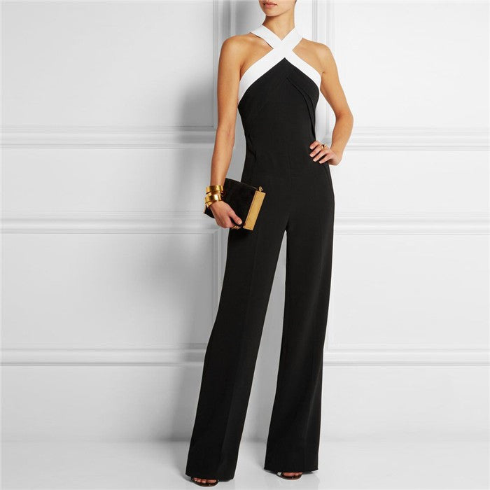 Online discount shop Australia - jumpsuits for women Playsuit overall Black white stitching women's sexy slim Halter Full Length pants coveralls Rompers