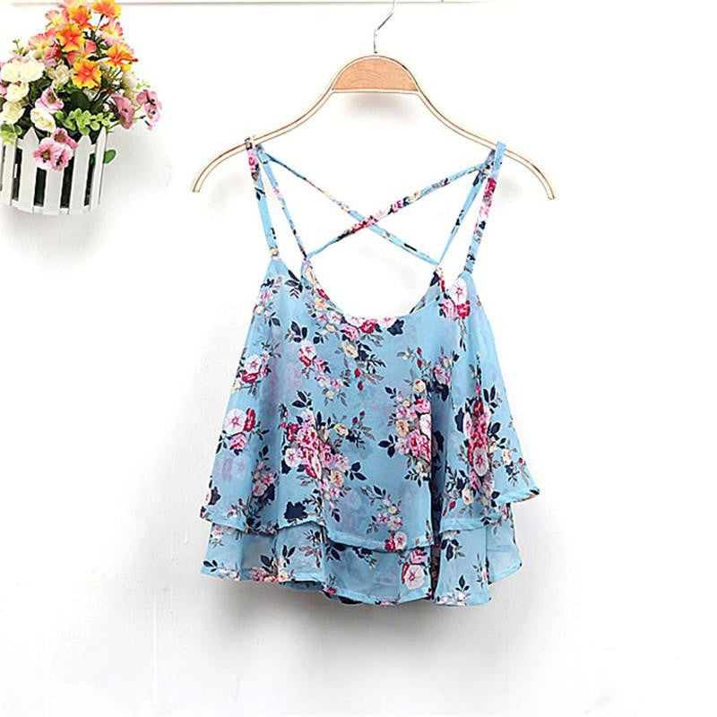 Online discount shop Australia - 4 Colors Women Clothing Spaghetti Strap Floral Print Chiffon Shirt Vest Blouses Crop Top