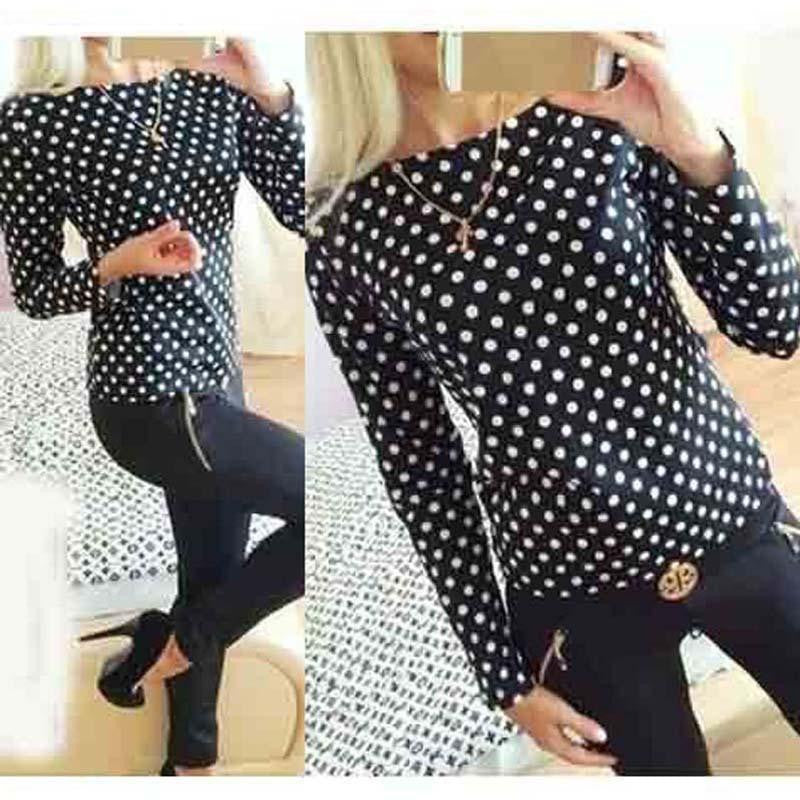 Women fashion round collar camisa dot chiffon wave point long-sleeved shirt clothes