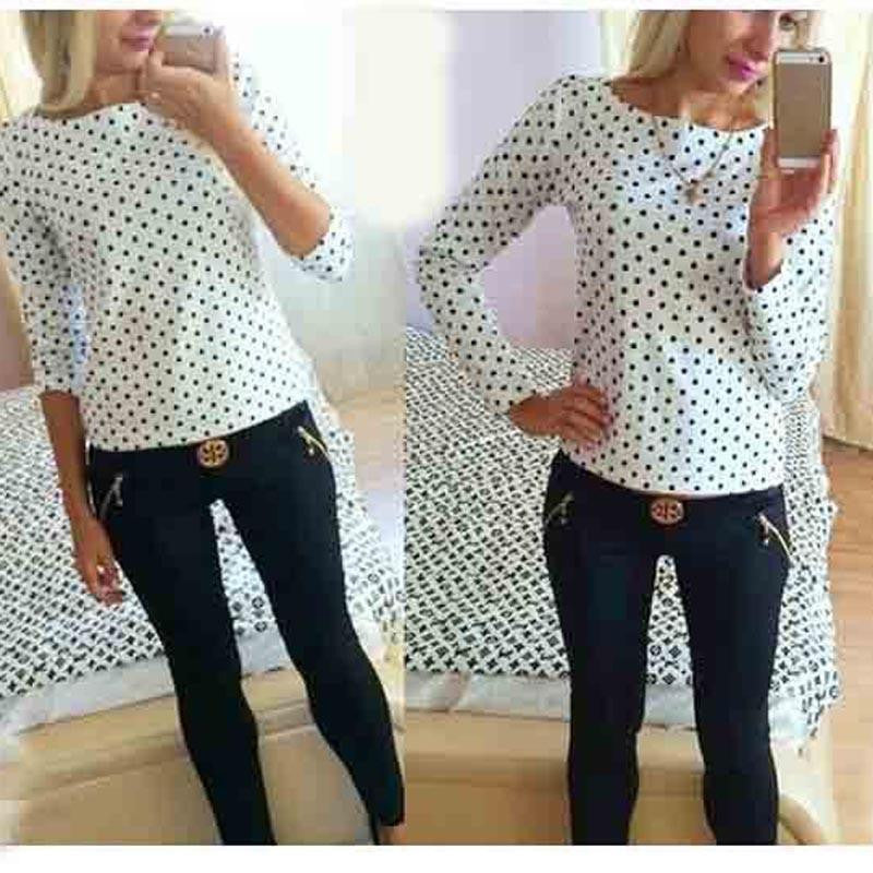 Women fashion round collar camisa dot chiffon wave point long-sleeved shirt clothes