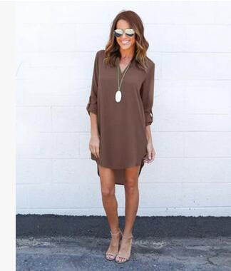 Online discount shop Australia - autumn new simple long-sleeved V-neck chiffon short in front dress