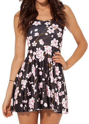 Online discount shop Australia - Cherry Blossom Black REVERSIBLE SKATER DRESS Women Summer Dress Cartoon Pleated Dress casual