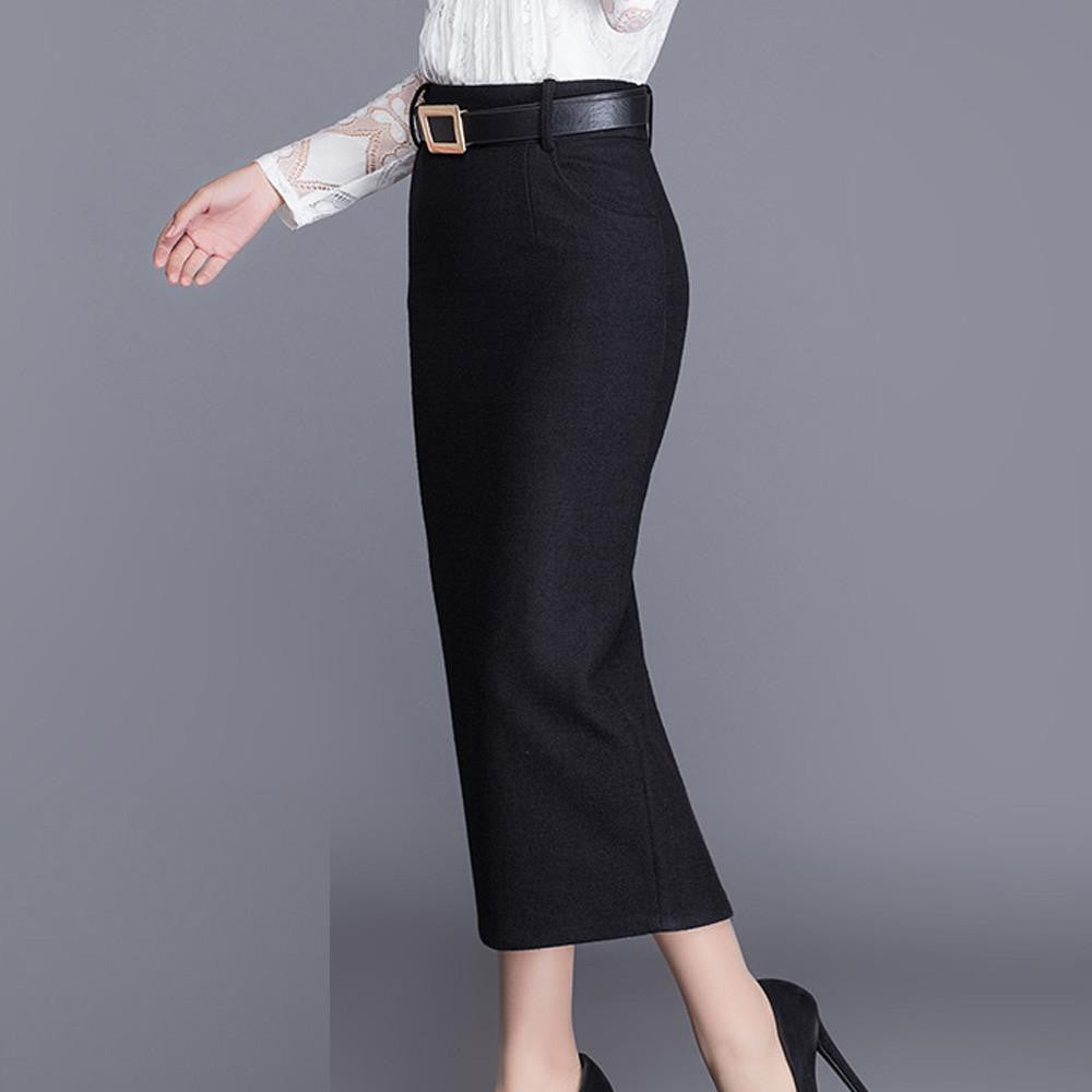women's large size woolen skirt female high waist Slim was thin long skirt ladies office wild casual skirts