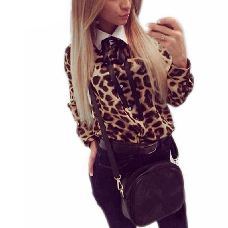 Women Vintage Leopard Printed Blouse Casual Chiffon Long Sleeve Bow OL Shirts Tops Plus Size