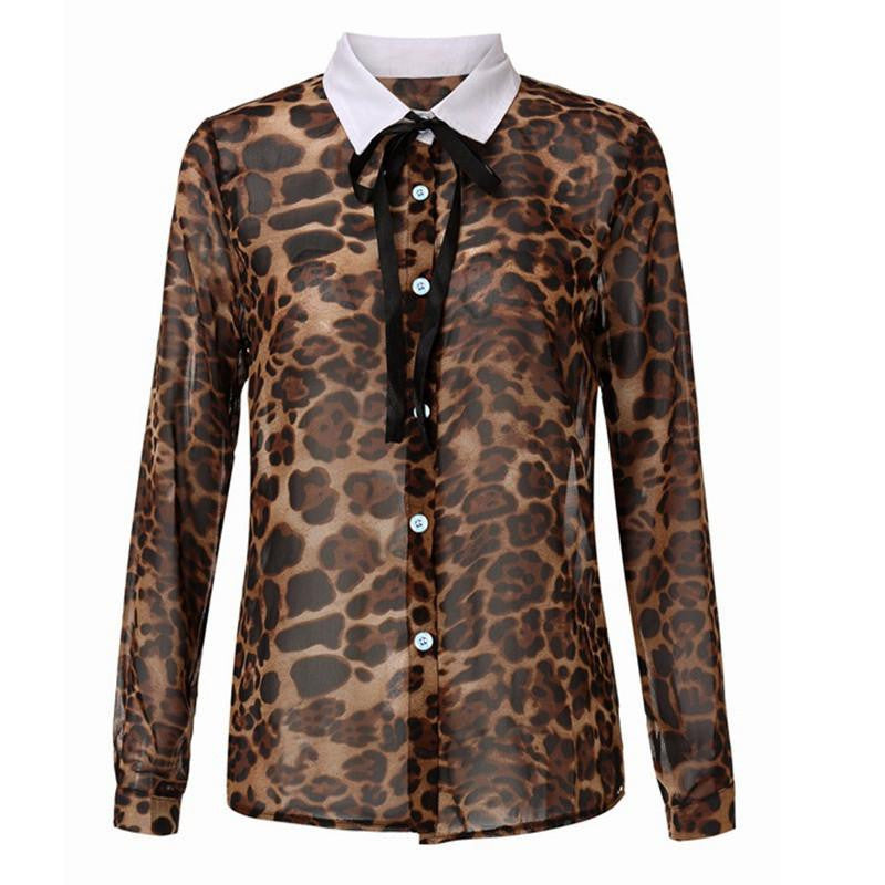 Women Vintage Leopard Printed Blouse Casual Chiffon Long Sleeve Bow OL Shirts Tops Plus Size