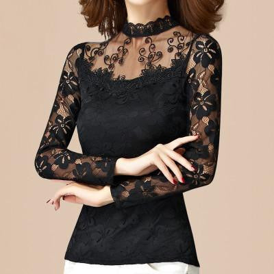 women lace long Sleeve Turtleneck thin female pullover black white tops