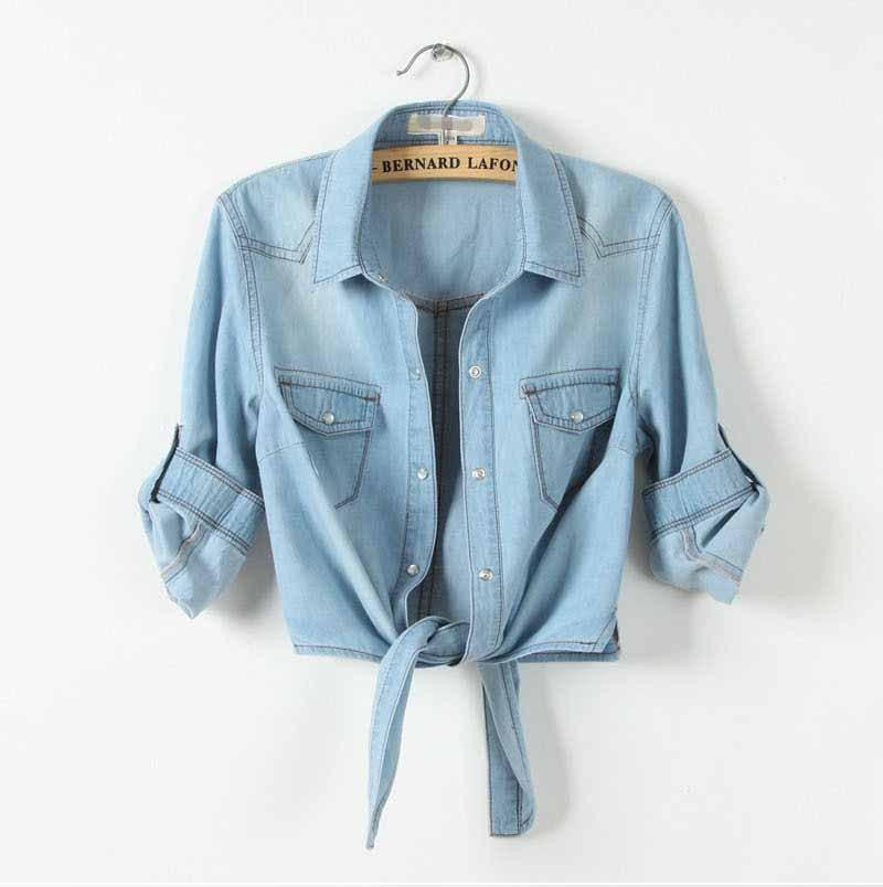 Women Plus Size Denim Knot Tie Crop Top Thin 3/4 Sleeve Turn-Down Collar Cape Blouses Casual Jeans Shirt