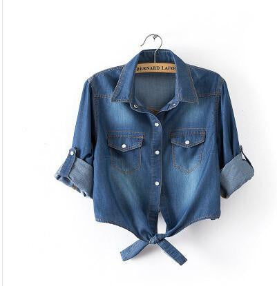 Women Plus Size Denim Knot Tie Crop Top Thin 3/4 Sleeve Turn-Down Collar Cape Blouses Casual Jeans Shirt