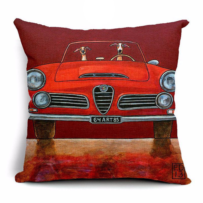 Pillow Lovely Cartoon Dog Driving Car Vintage 45X45CM Linen Pillow Decorative Linen Cushion Cover