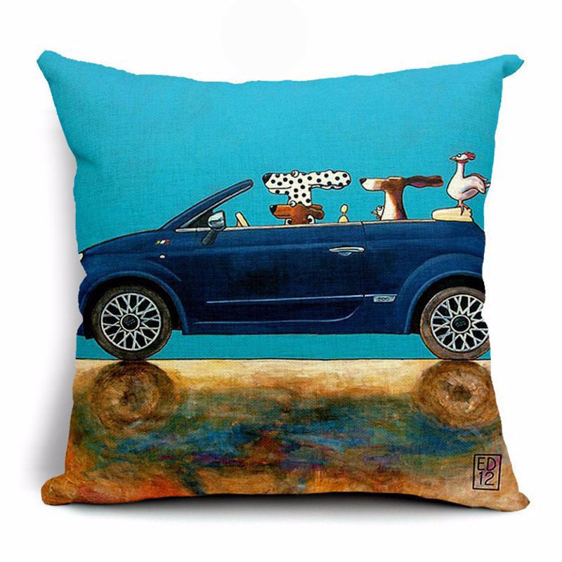 Pillow Lovely Cartoon Dog Driving Car Vintage 45X45CM Linen Pillow Decorative Linen Cushion Cover