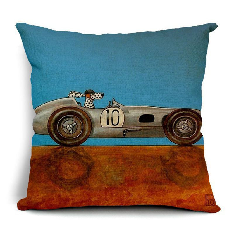 Pillow Lovely Cartoon Dog Driving Car Vintage 45X45CM Linen Pillow Decorative Linen Cushion Cover