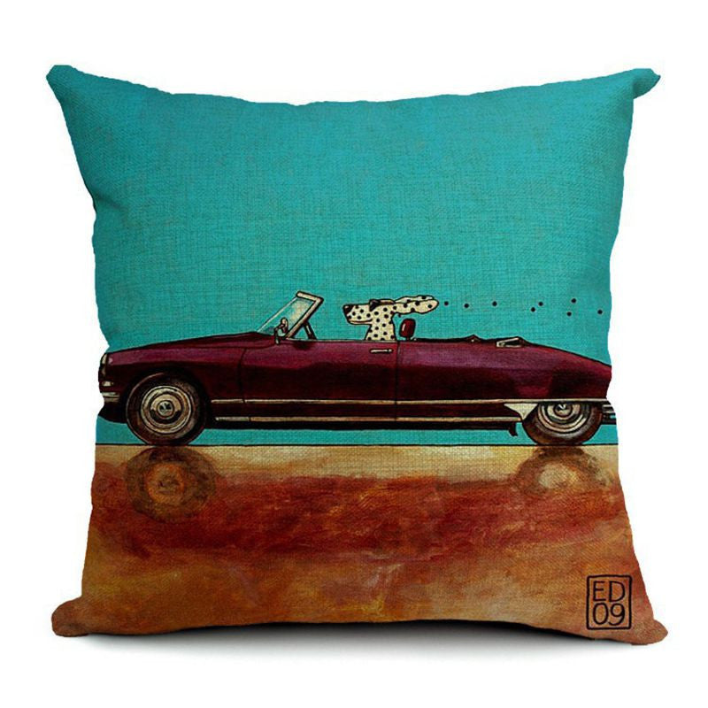 Pillow Lovely Cartoon Dog Driving Car Vintage 45X45CM Linen Pillow Decorative Linen Cushion Cover