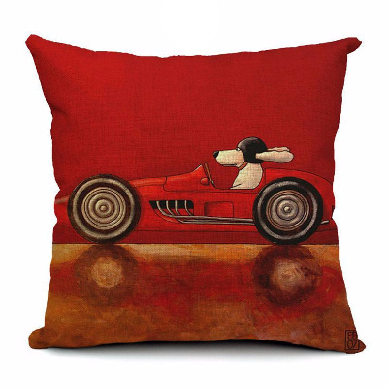 Pillow Lovely Cartoon Dog Driving Car Vintage 45X45CM Linen Pillow Decorative Linen Cushion Cover