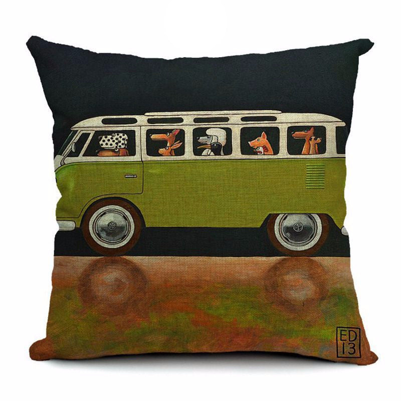 Pillow Lovely Cartoon Dog Driving Car Vintage 45X45CM Linen Pillow Decorative Linen Cushion Cover