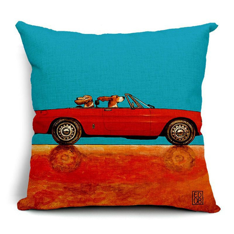 Pillow Lovely Cartoon Dog Driving Car Vintage 45X45CM Linen Pillow Decorative Linen Cushion Cover