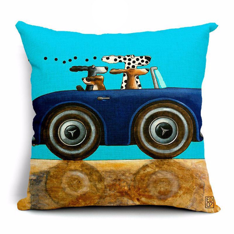 Pillow Lovely Cartoon Dog Driving Car Vintage 45X45CM Linen Pillow Decorative Linen Cushion Cover