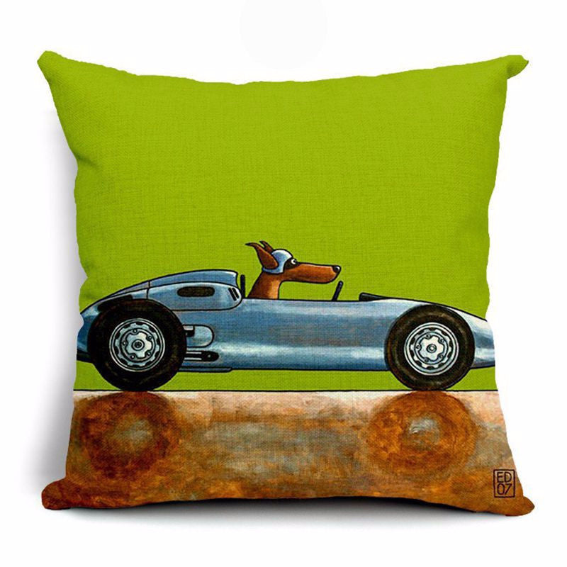 Pillow Lovely Cartoon Dog Driving Car Vintage 45X45CM Linen Pillow Decorative Linen Cushion Cover