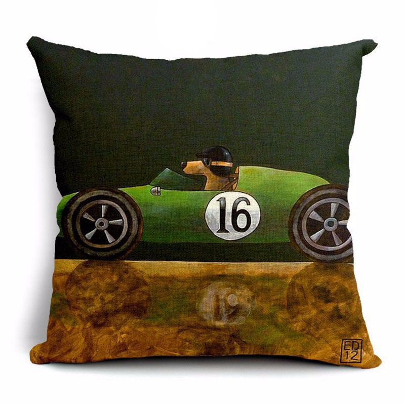 Pillow Lovely Cartoon Dog Driving Car Vintage 45X45CM Linen Pillow Decorative Linen Cushion Cover