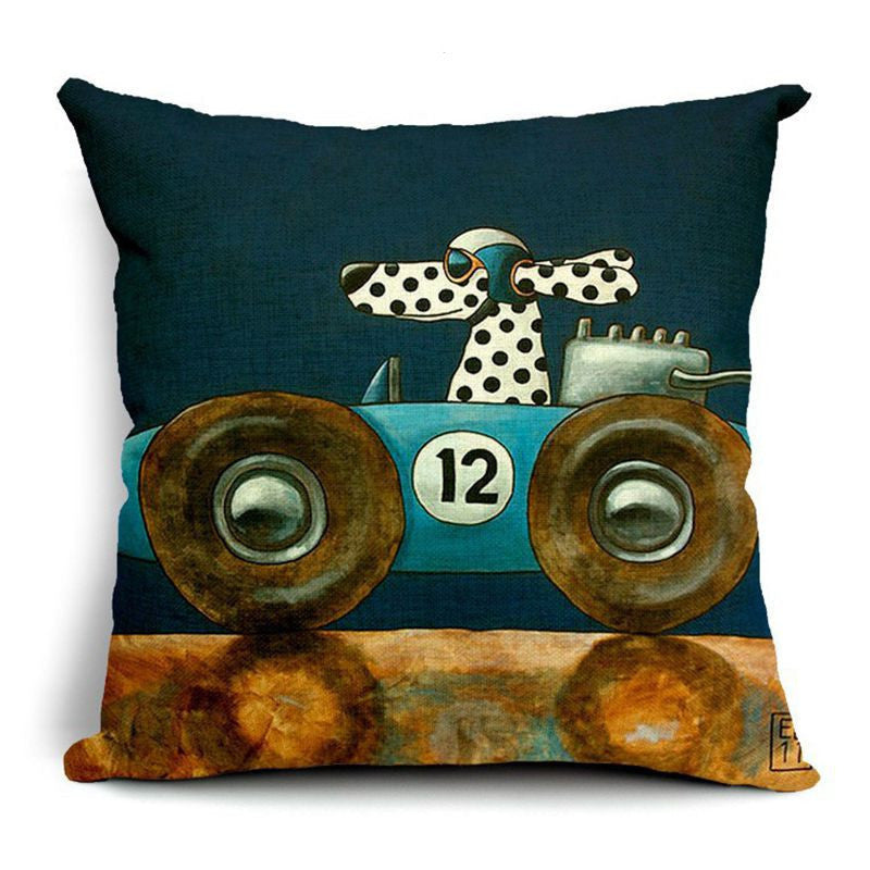 Pillow Lovely Cartoon Dog Driving Car Vintage 45X45CM Linen Pillow Decorative Linen Cushion Cover