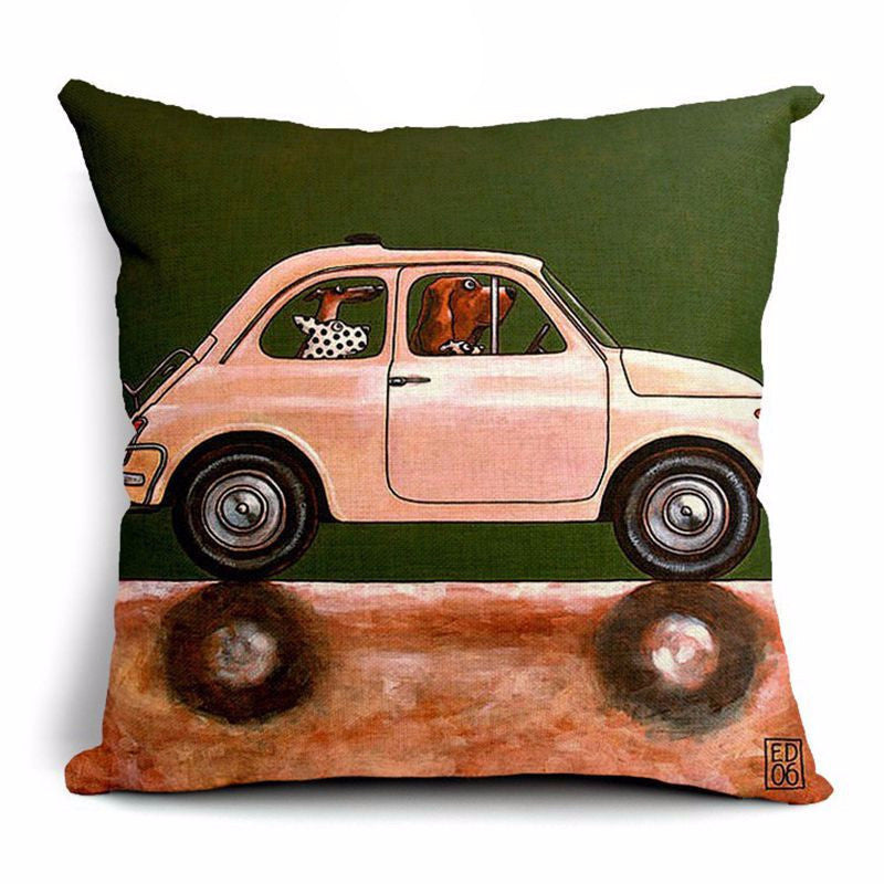 Pillow Lovely Cartoon Dog Driving Car Vintage 45X45CM Linen Pillow Decorative Linen Cushion Cover