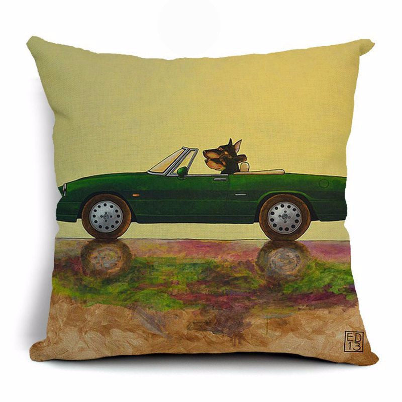 Pillow Lovely Cartoon Dog Driving Car Vintage 45X45CM Linen Pillow Decorative Linen Cushion Cover