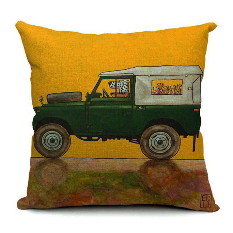 Pillow Lovely Cartoon Dog Driving Car Vintage 45X45CM Linen Pillow Decorative Linen Cushion Cover