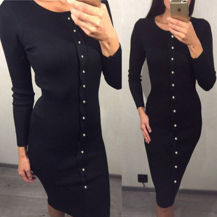 Warm Women Knitted Mid-calf O-neck Dresses package hip Sheath Bodycon Dress With Buttons LX062
