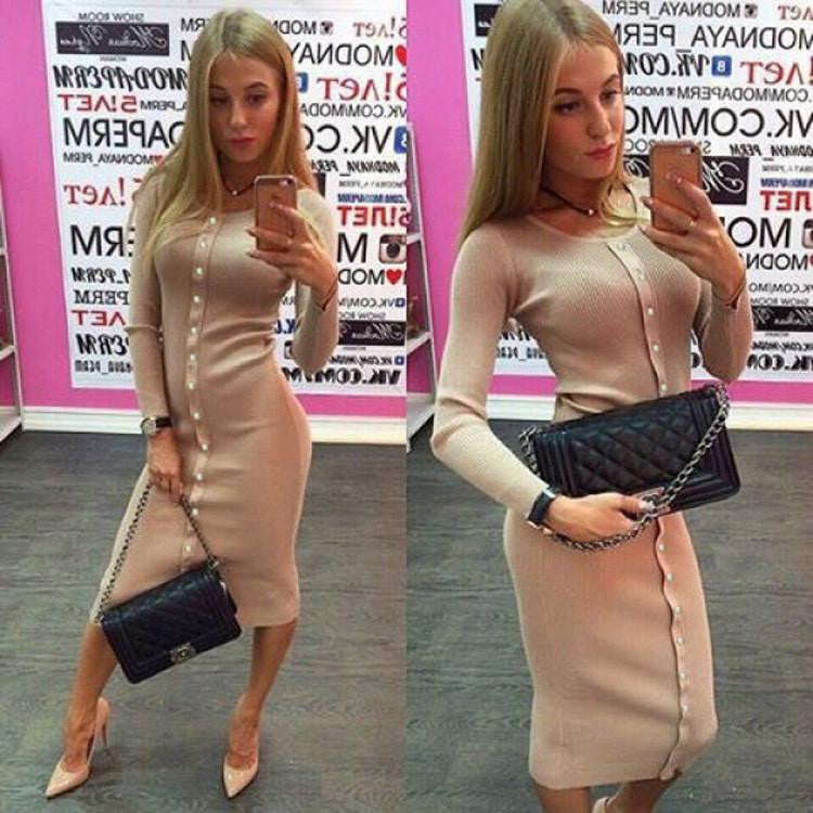 Warm Women Knitted Mid-calf O-neck Dresses package hip Sheath Bodycon Dress With Buttons LX062